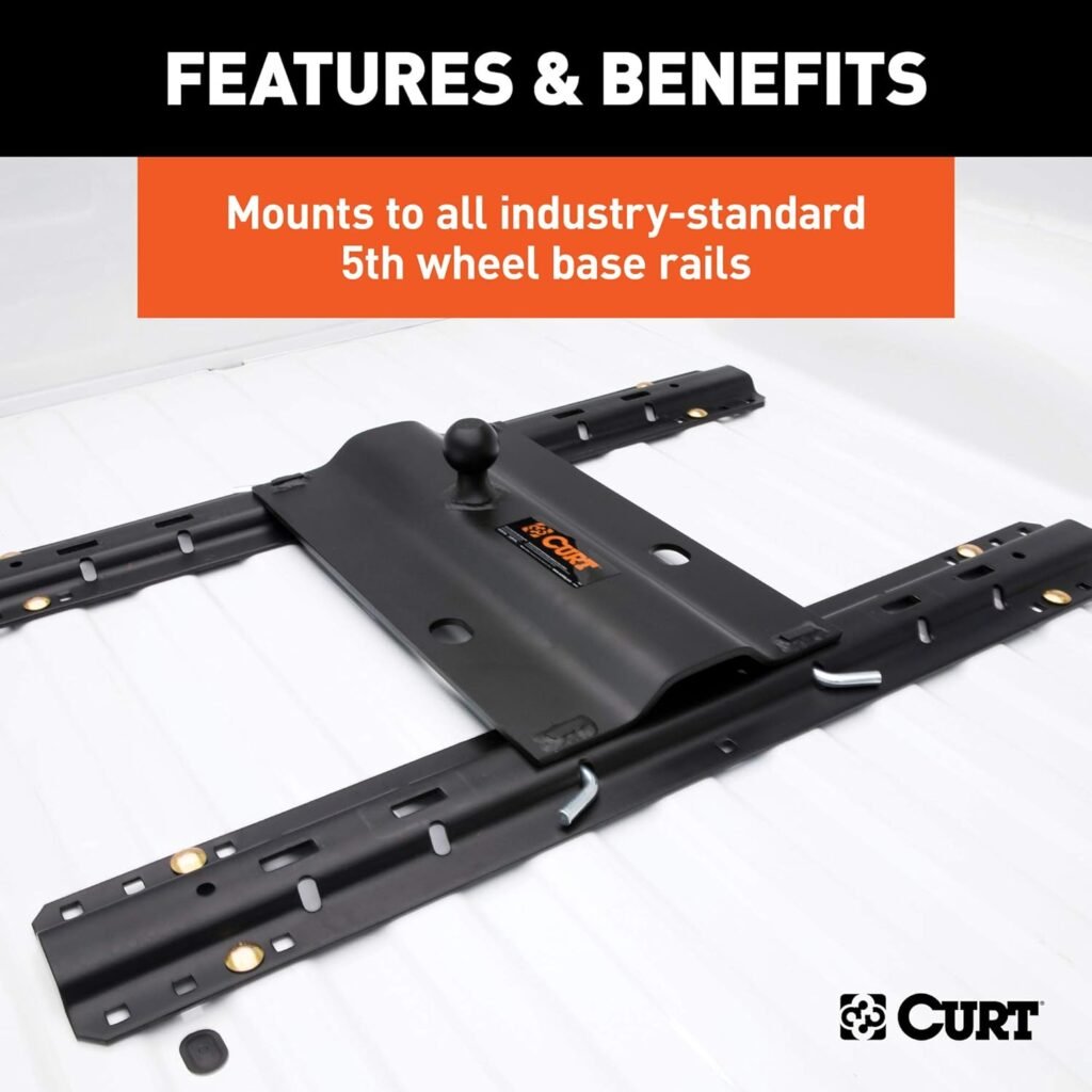 CURT 16055 Bent Plate 5th Wheel to Gooseneck Adapter Hitch, Fits Industry-Standard Rails, 25,000 lbs, 2-5/16-Inch Ball, Carbide Black Powder Coat