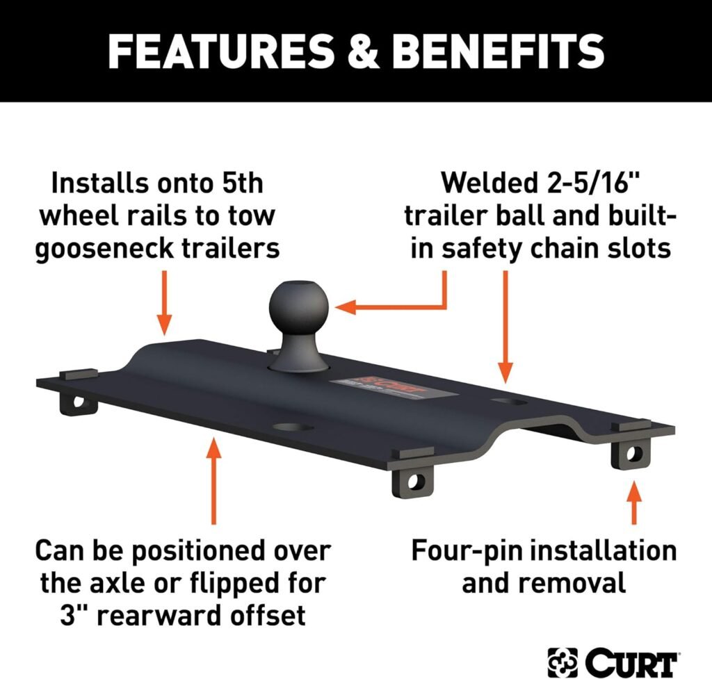 CURT 16055 Bent Plate 5th Wheel to Gooseneck Adapter Hitch, Fits Industry-Standard Rails, 25,000 lbs, 2-5/16-Inch Ball, Carbide Black Powder Coat