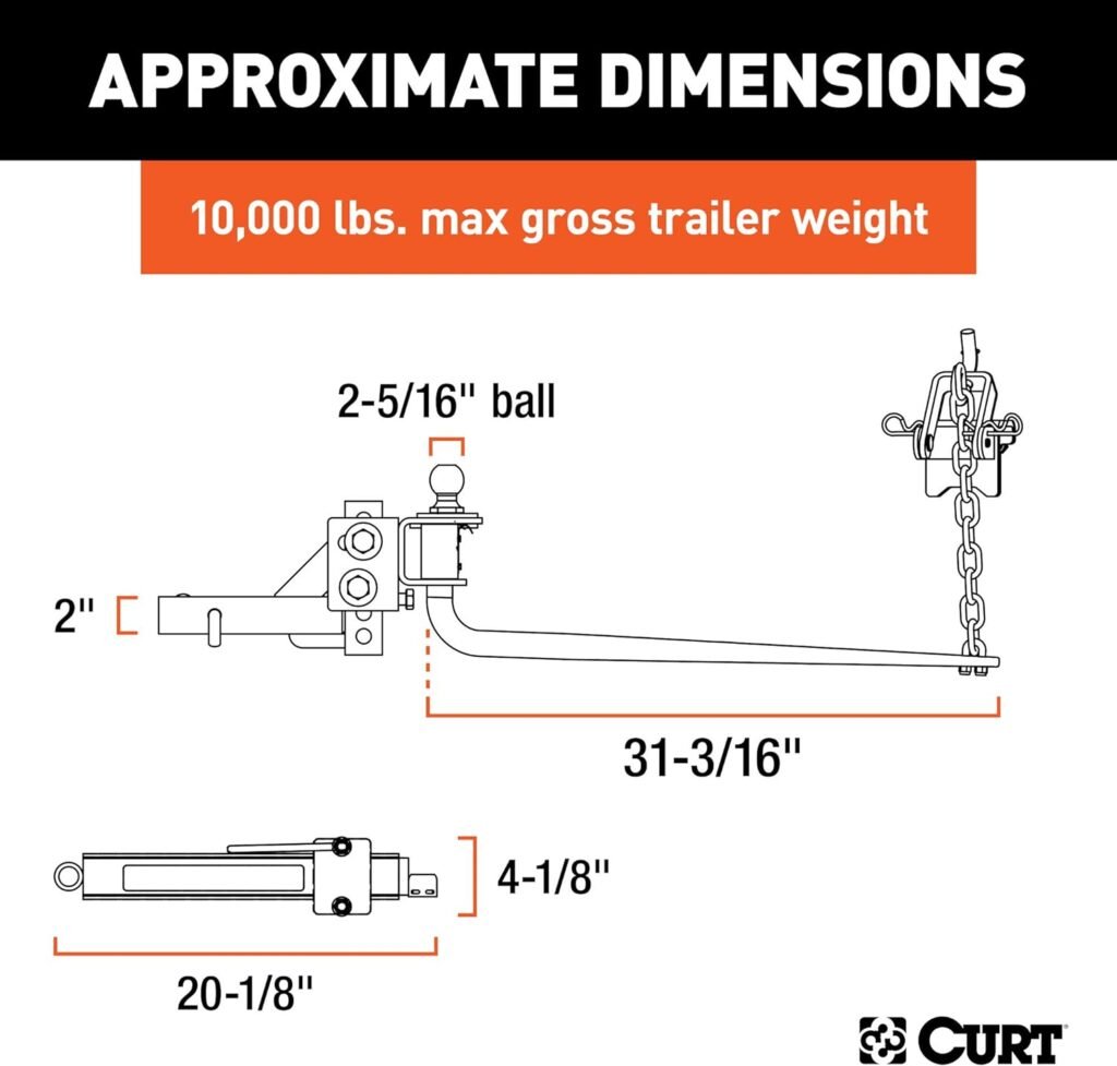 CURT 17062 Round Bar Weight Distribution Hitch with Integrated Lubrication and Sway Control, Up to 10K, 2-in Shank, 2-5/16-Inch Ball, Black