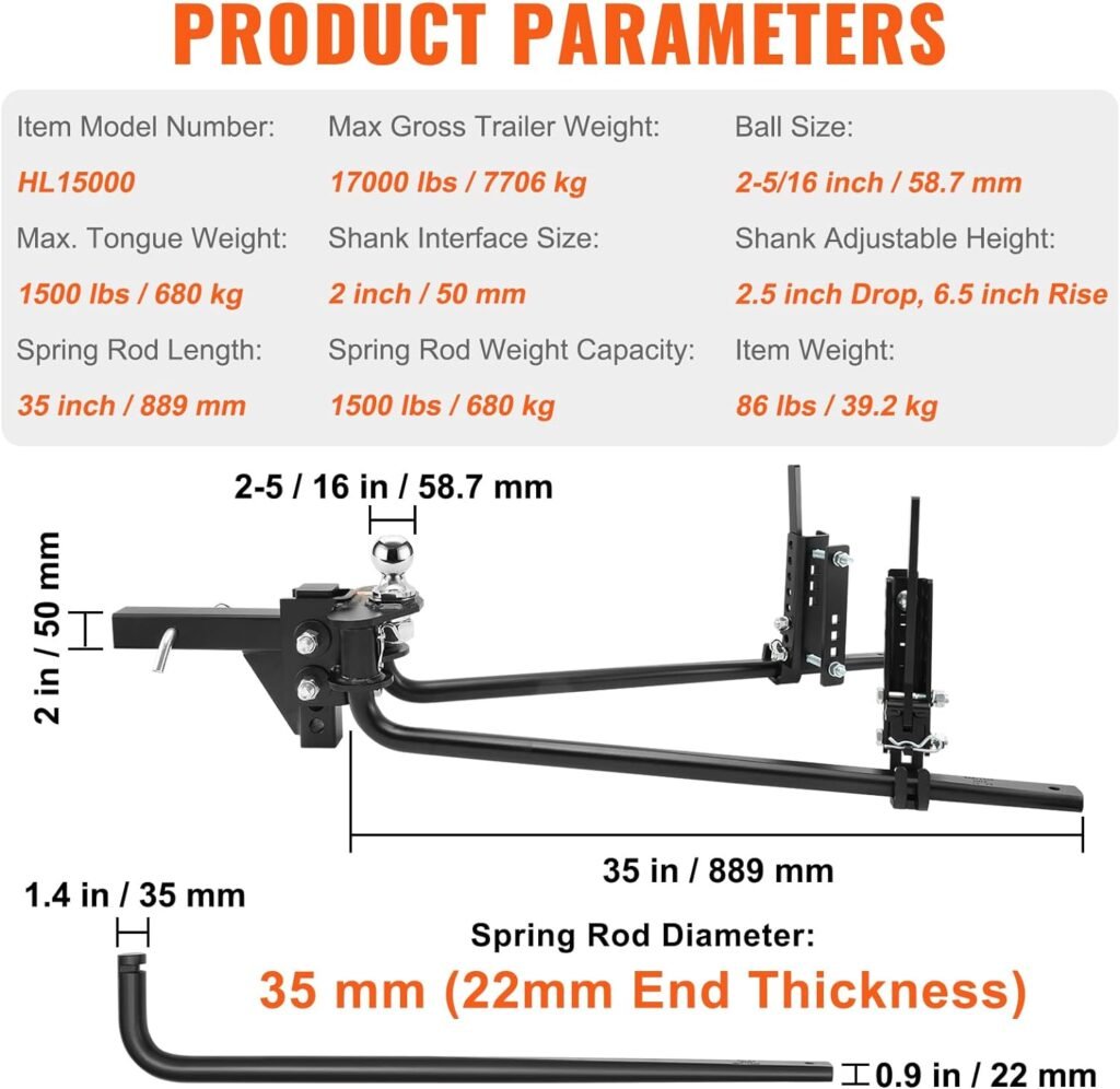 VEVOR Weight Distribution Hitch, 1,000 lbs Weight Distributing Hitches Kit with Sway Control for Trailer, 2-in Solid Steel Shank, 2-5/16 in Alloy Steel Ball, Powder Coated Load Leveling Hitch, Black